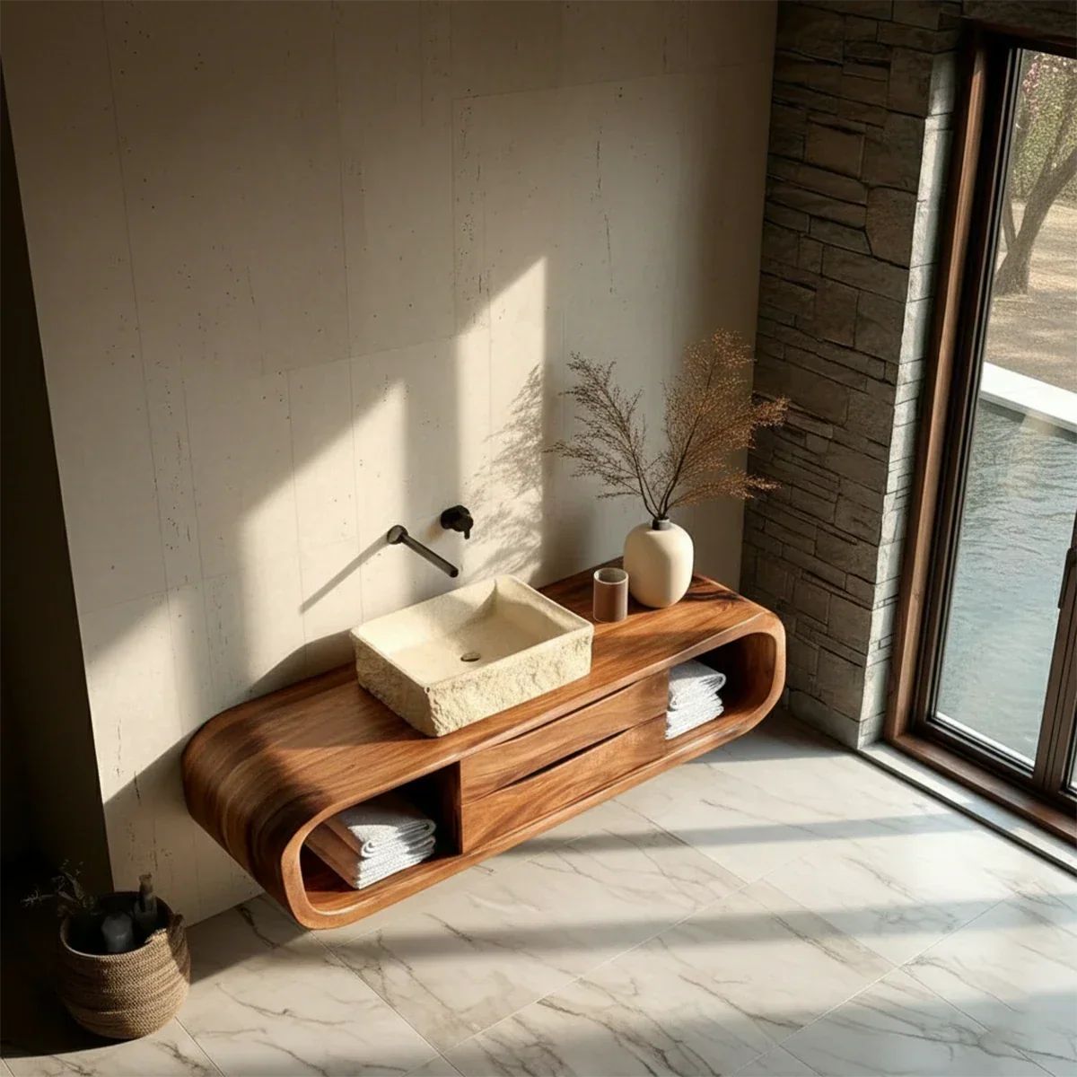 Floating Bathroom Vanity Natural Solid Wood With Curved Frame Storage - Arboriswood - 7