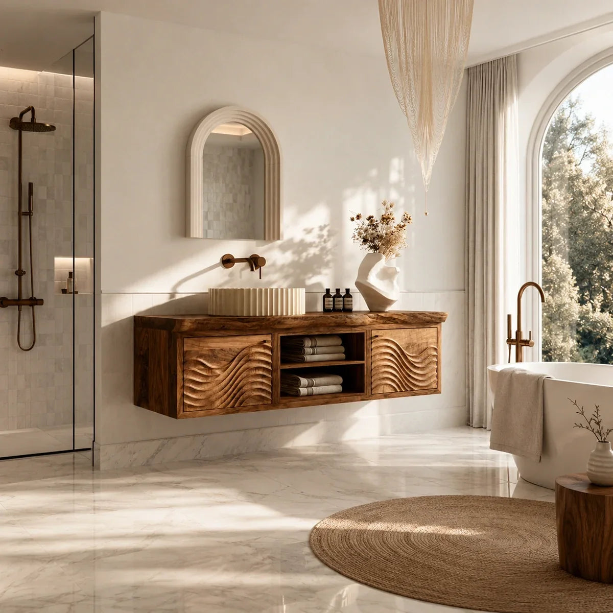 Floating Natural Solid Wood Bathroom Vanity with Wave Carving – Japandi - Arboriswood - 3