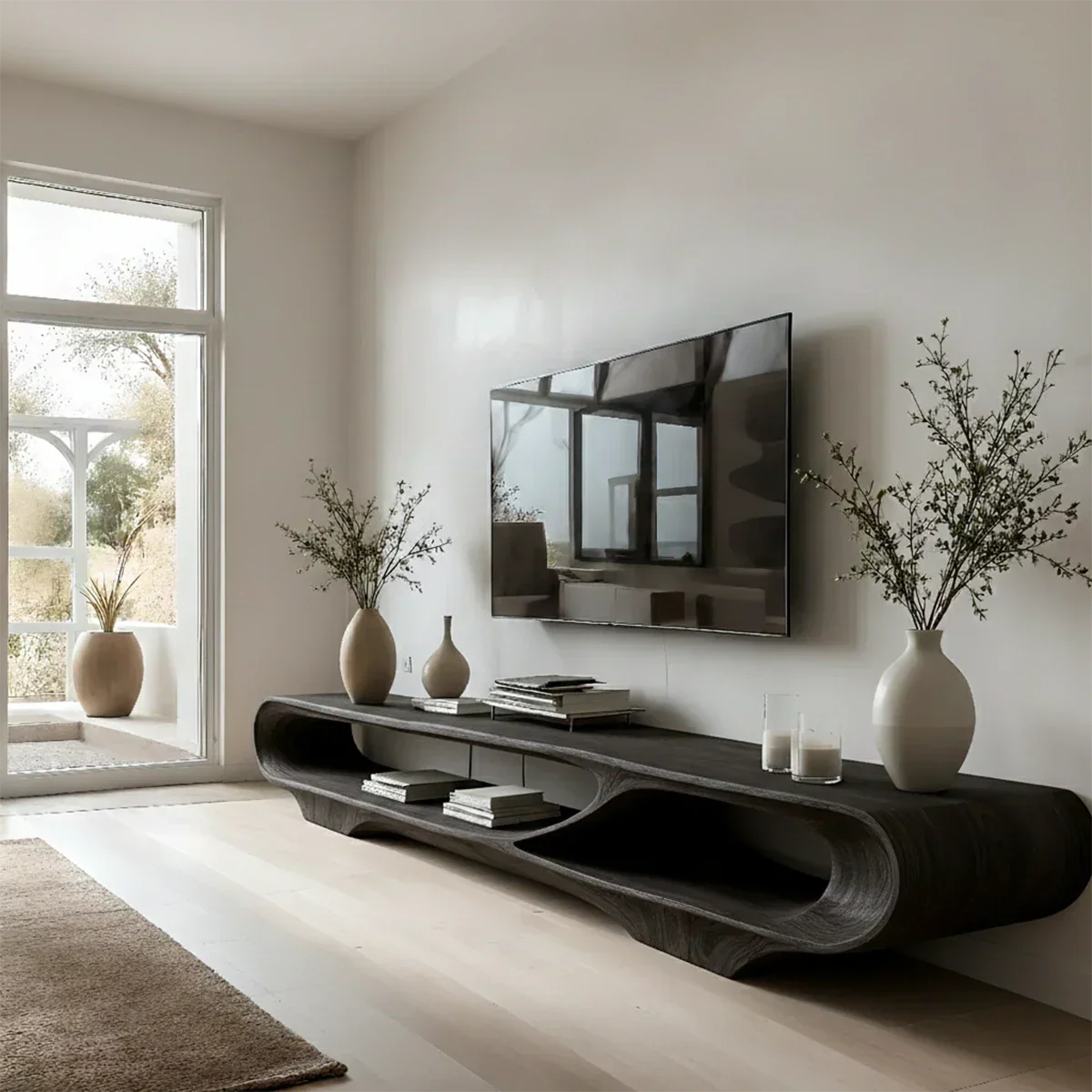 Floating Open Shelf TV Stand Solid Wood Sculptural Media Console - ArborisWood - 10