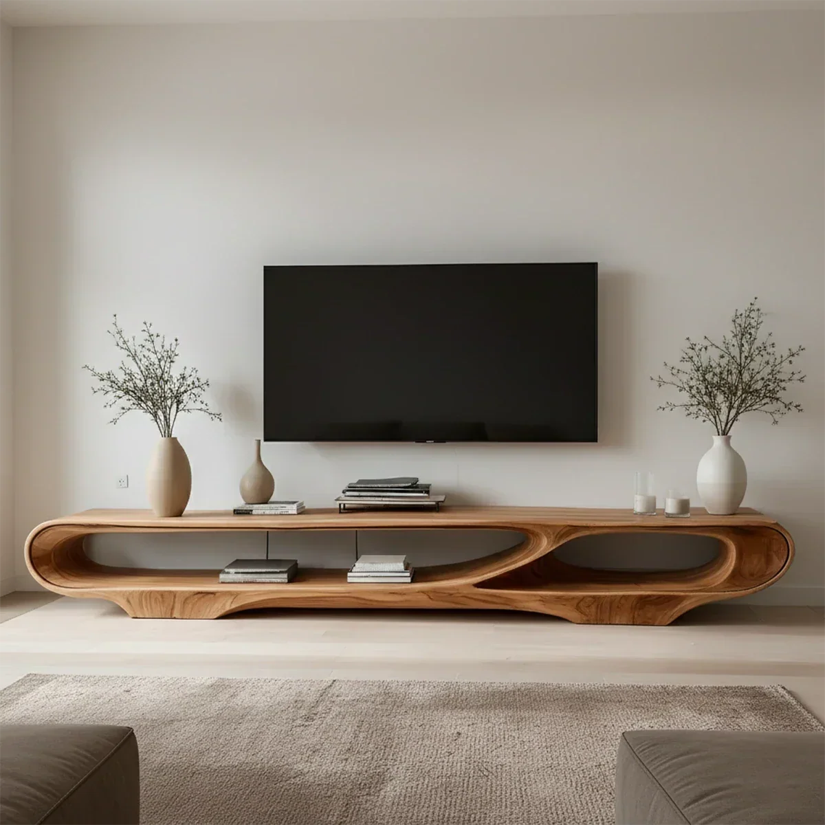 Floating Open Shelf TV Stand Solid Wood Sculptural Media Console - ArborisWood - 3