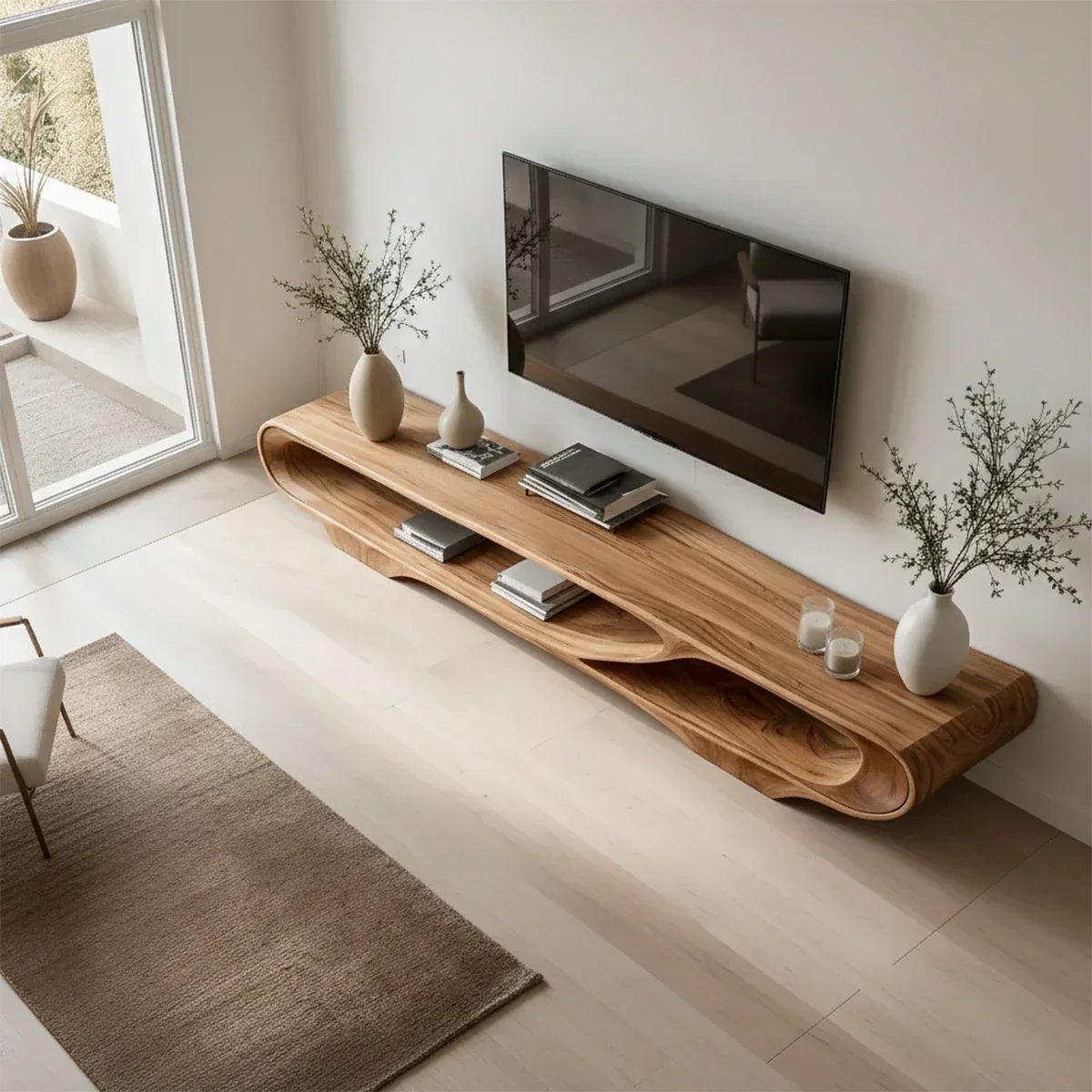 Floating Open Shelf TV Stand Solid Wood Sculptural Media Console - ArborisWood - 7