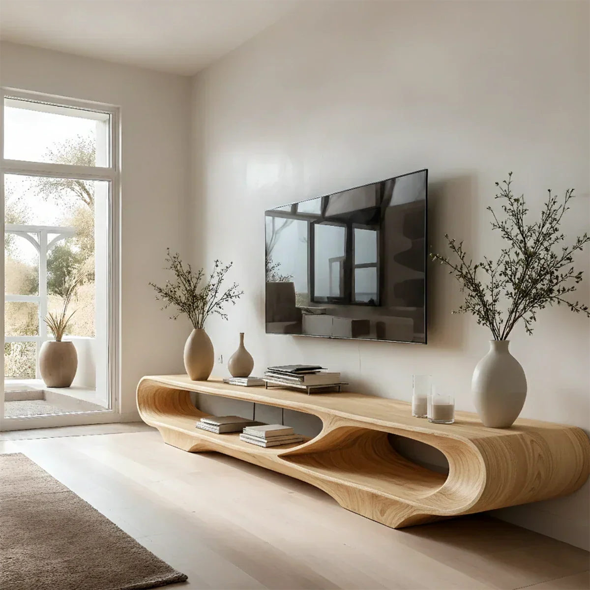 Floating Open Shelf TV Stand Solid Wood Sculptural Media Console - ArborisWood - 9