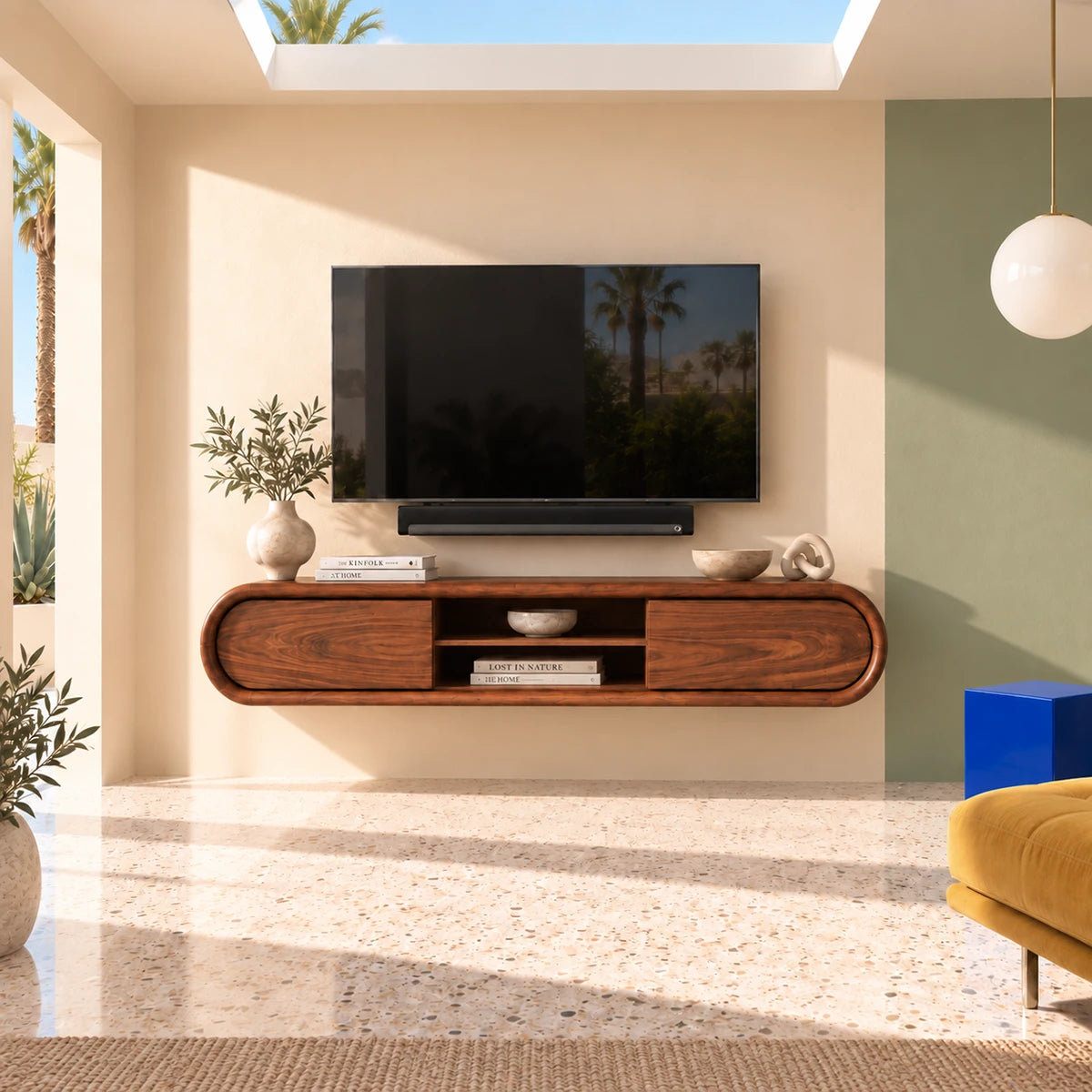 Elegant TV cabinet in natural solid wood with rounded sides and open shelf detail