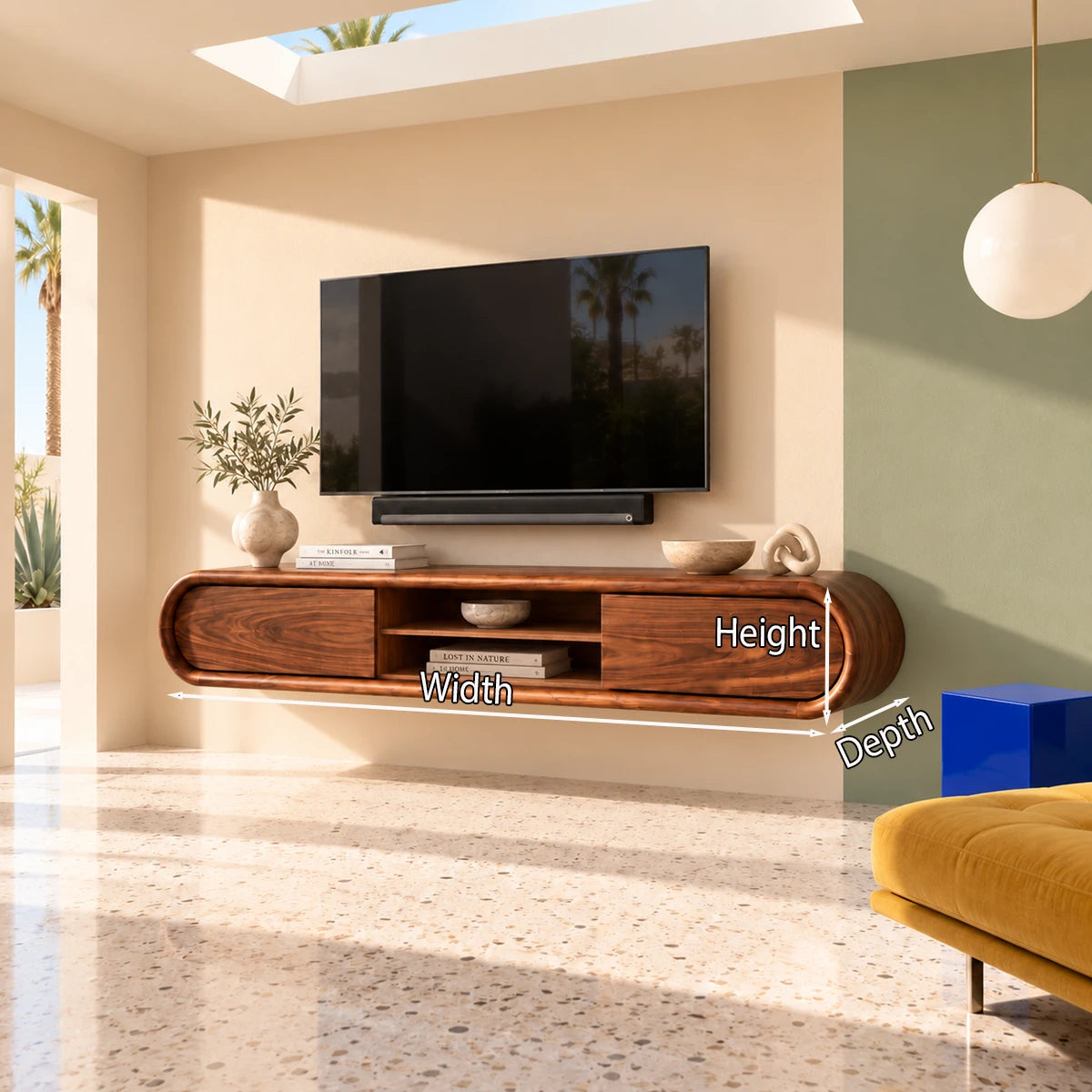 Modern TV stand in natural solid wood with streamlined shape and open middle shelf