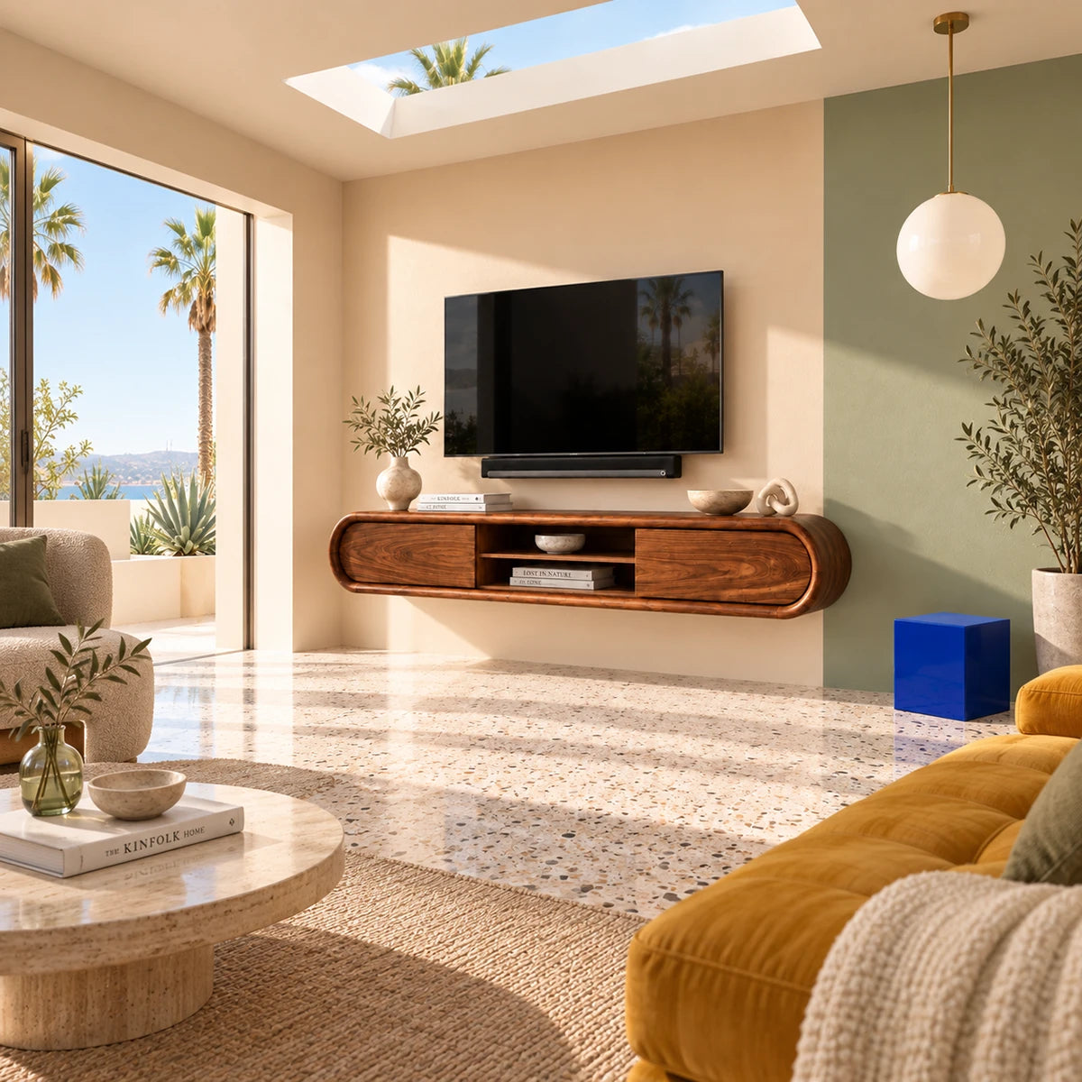 Modern media console in natural solid wood with soft curves and open center shelf