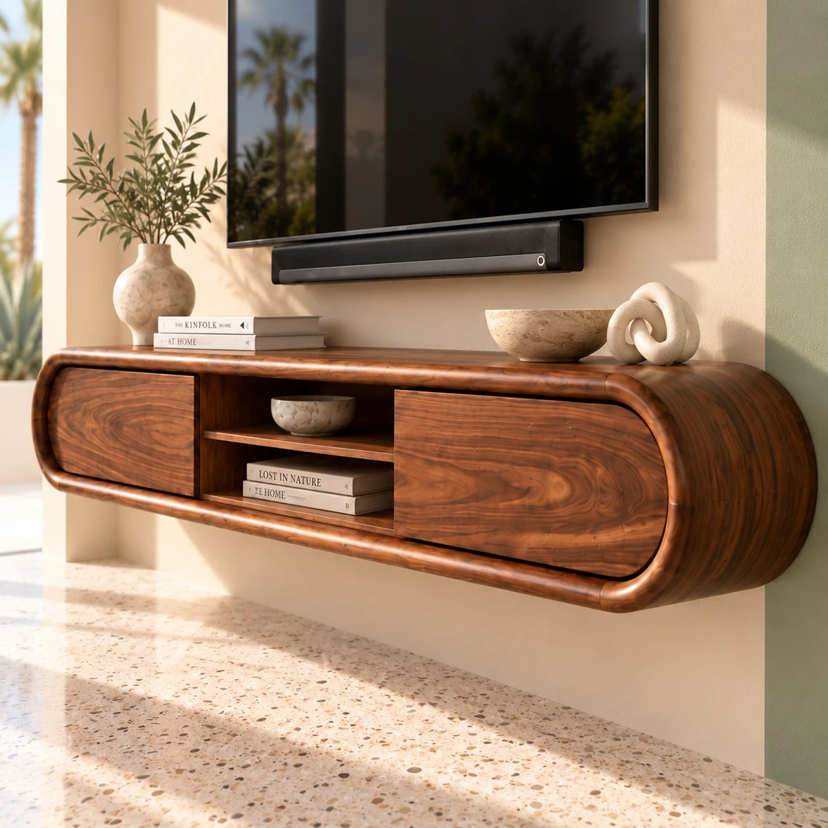 Wall mounted TV stand in natural solid wood with curved sides and open shelf storage
