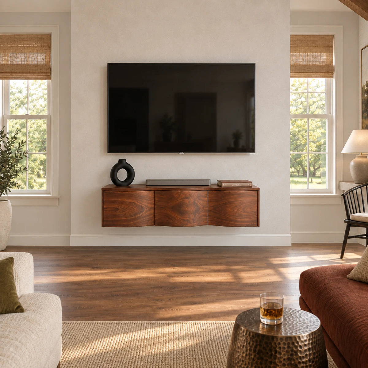 Streamlined TV unit in natural solid wood with sleek wall mount design and curved front