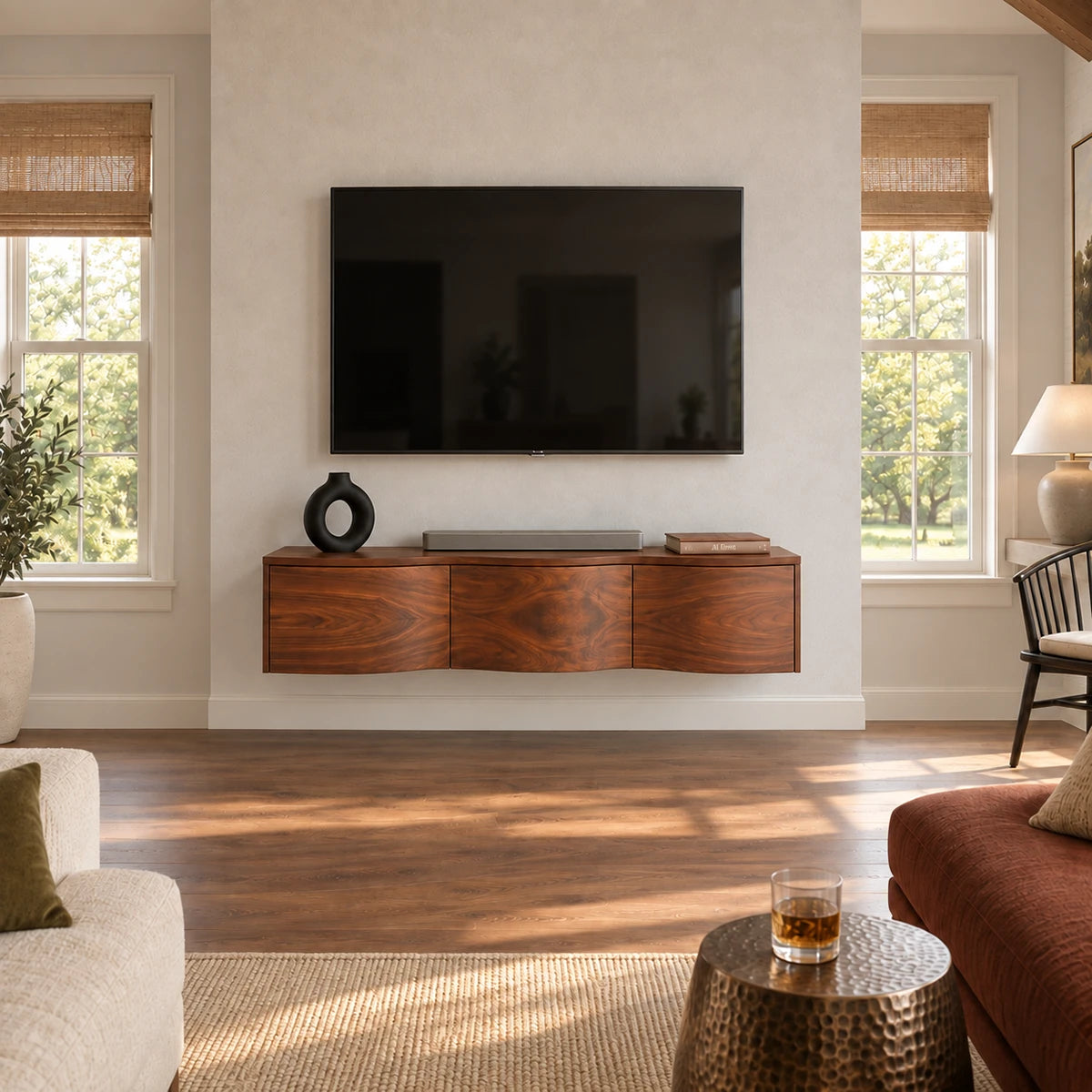 Artful wall mounted TV console in natural solid wood with sculpted modern silhouette