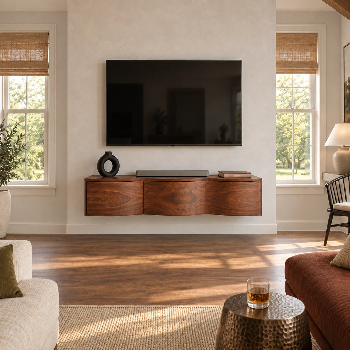 Versatile media cabinet in natural solid wood with floating build and closed storage