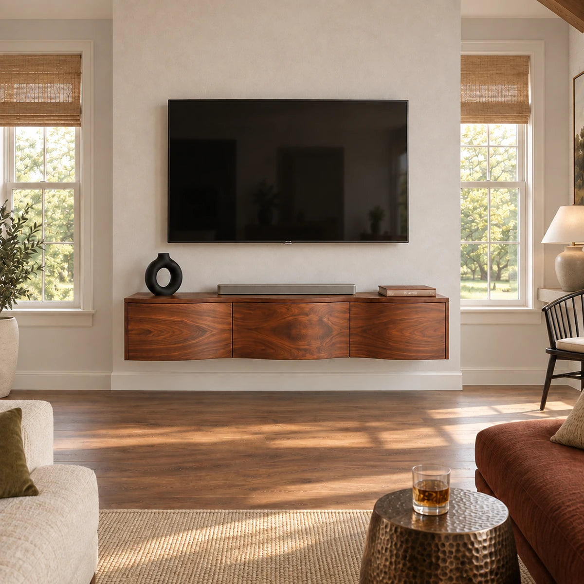 Premium entertainment console in natural solid wood with seamless wall mounted styling