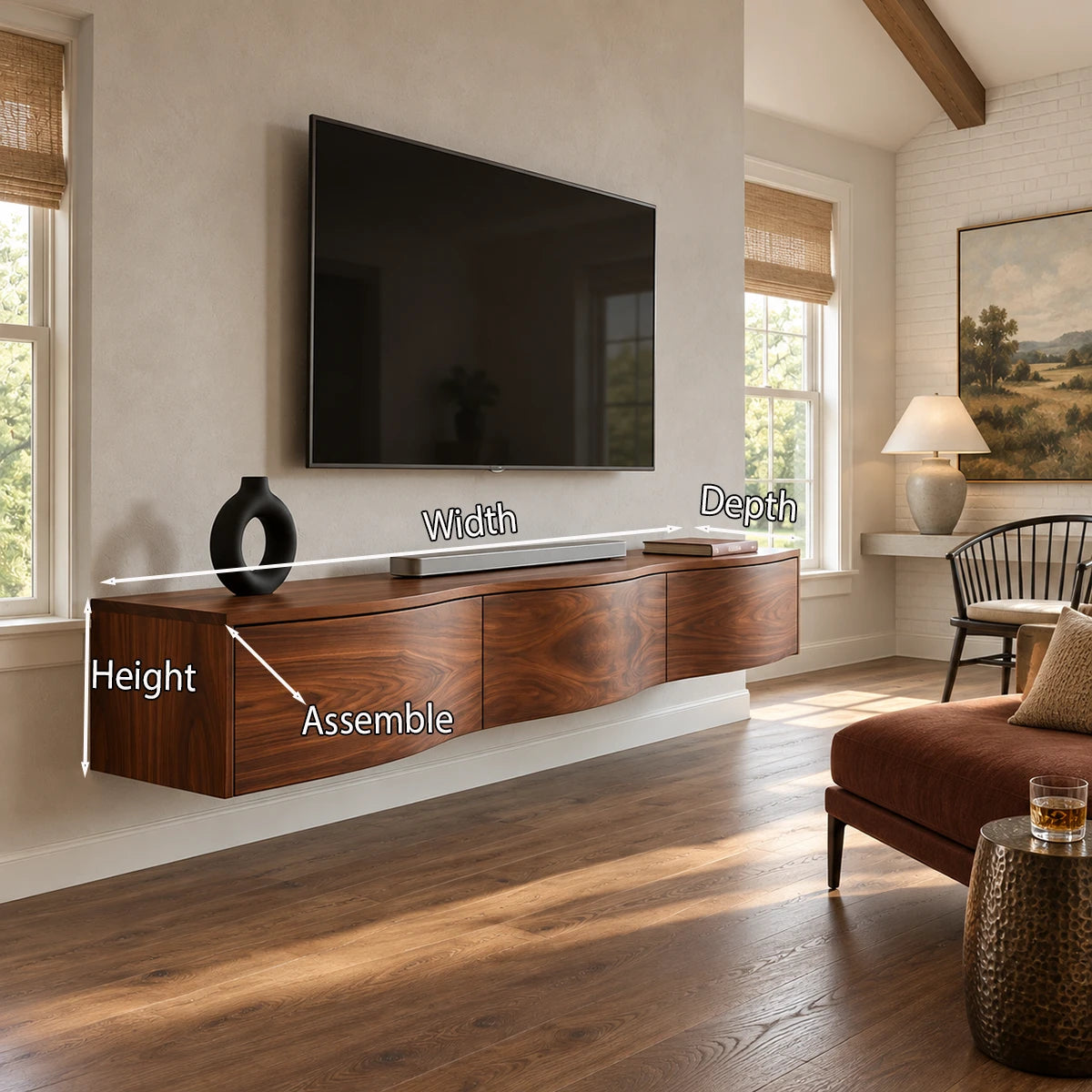 Architectural media stand in natural solid wood with floating installation and clean form