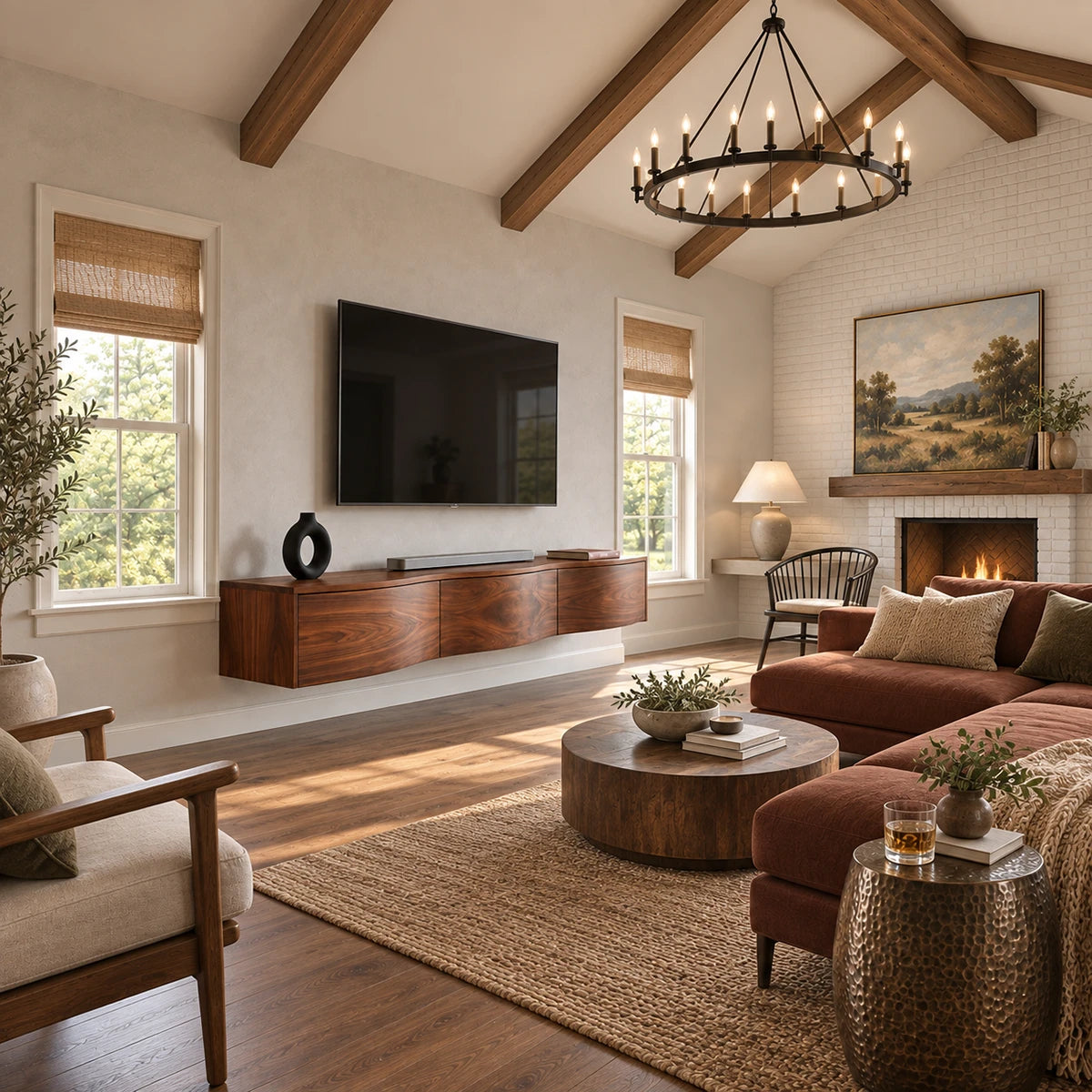 Wall mounted media console in natural solid wood with soft wave front and clean lines
