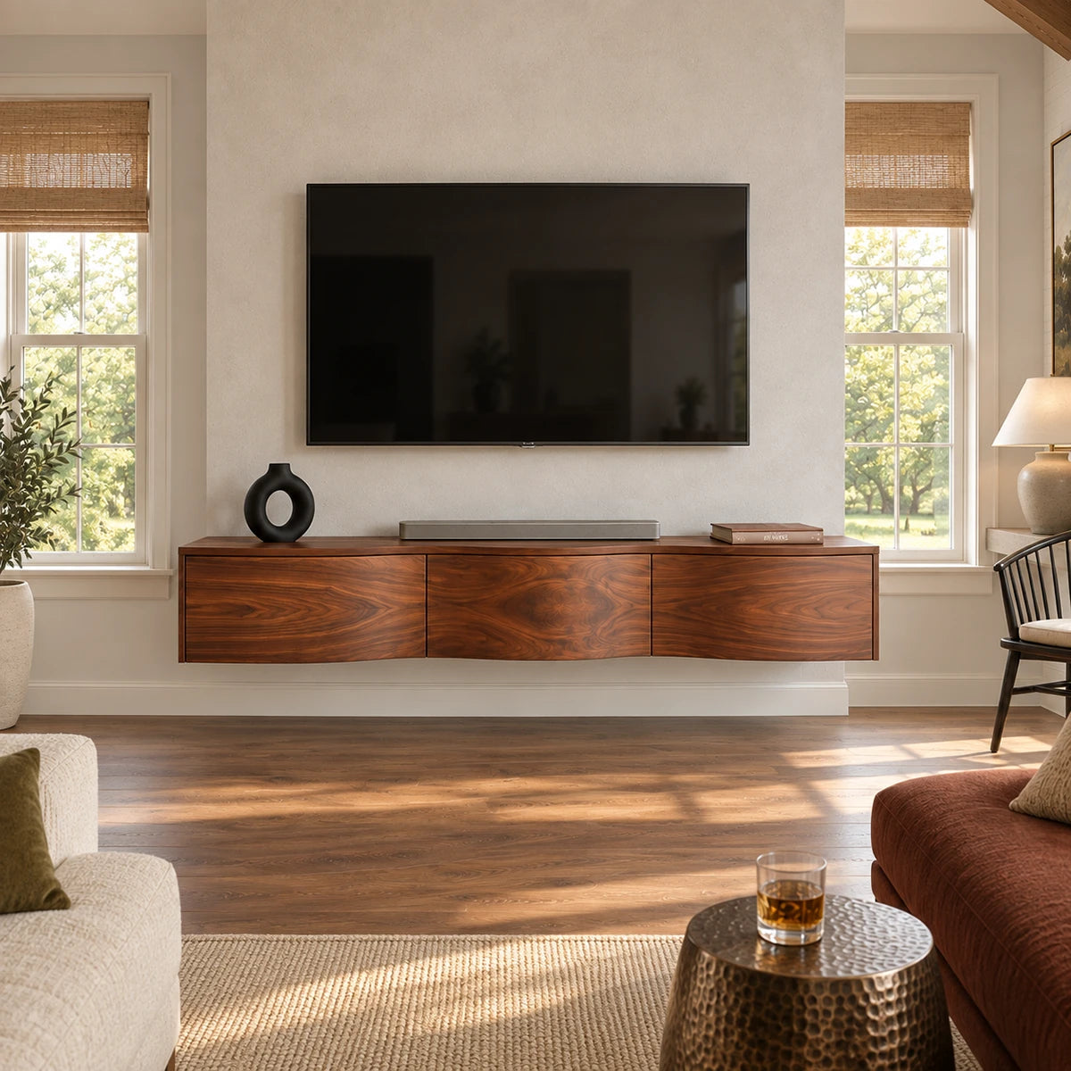 Modern entertainment center in natural solid wood with floating profile and hidden storage