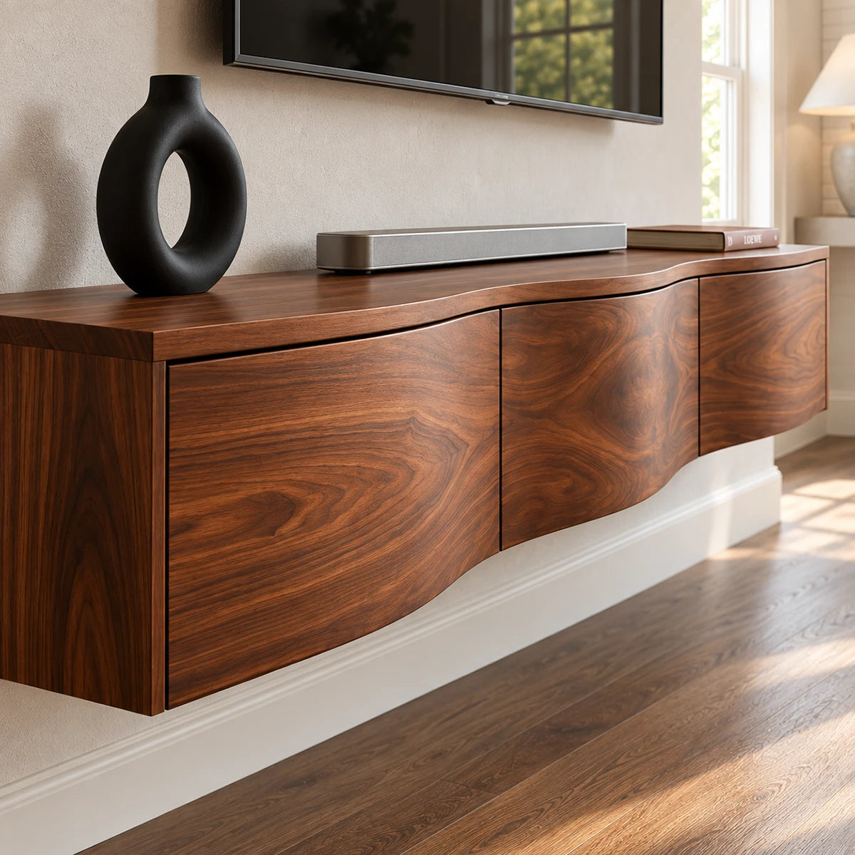 Sculptural TV cabinet in natural solid wood with seamless doors and minimalist silhouette
