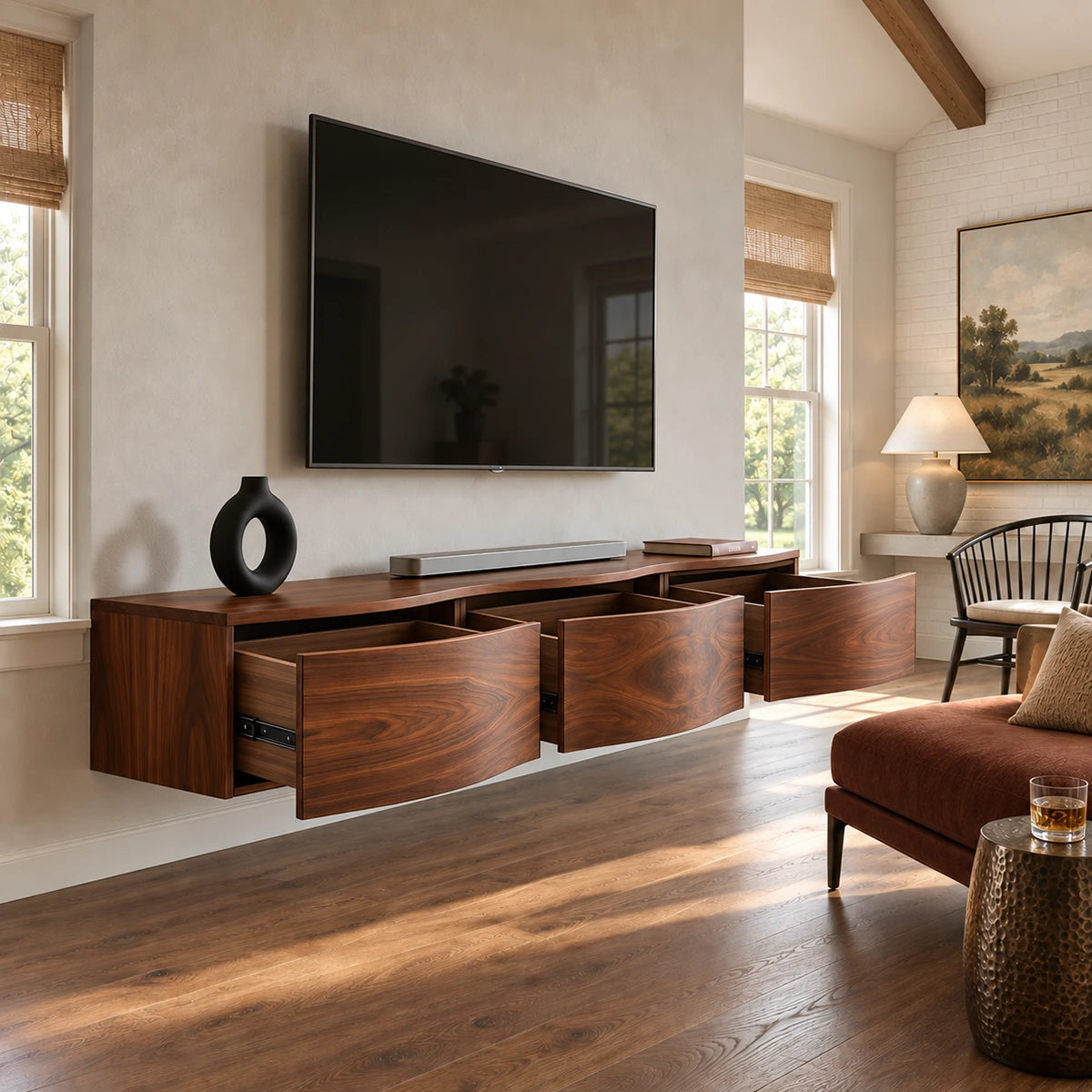 Contemporary media unit in natural solid wood with wall mounted form and smooth curves