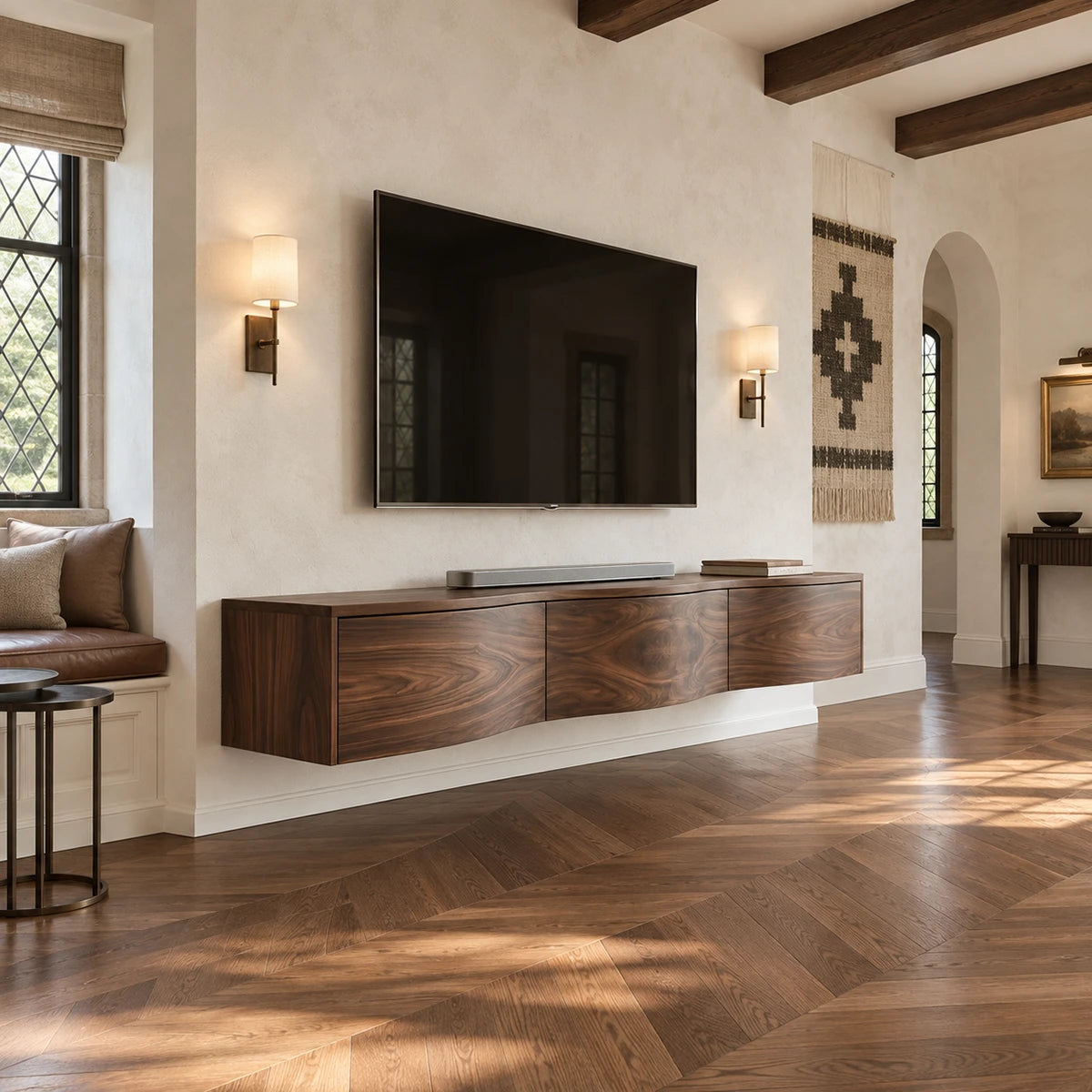 Elegant floating media cabinet in natural solid wood with streamlined front panels