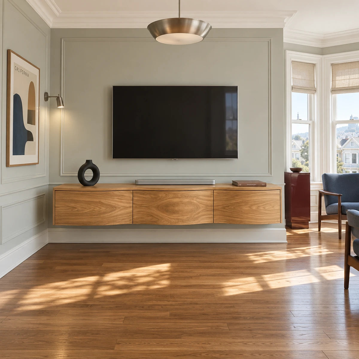 Refined TV console in natural solid wood with wall mounted body and gentle curved face