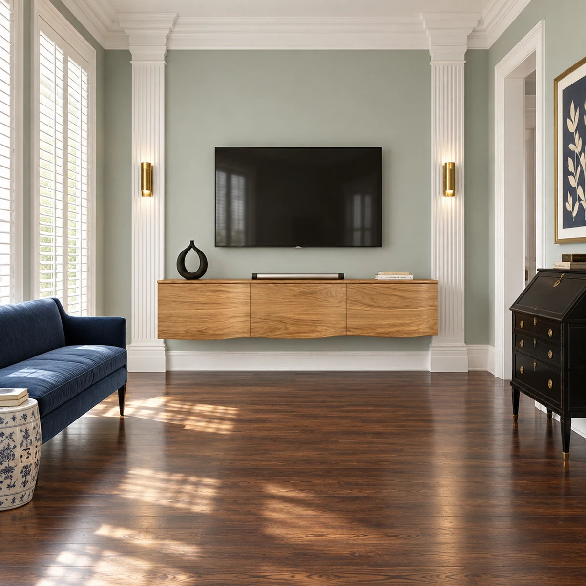 Floating entertainment console in solid wood with smooth curves and a clean facade