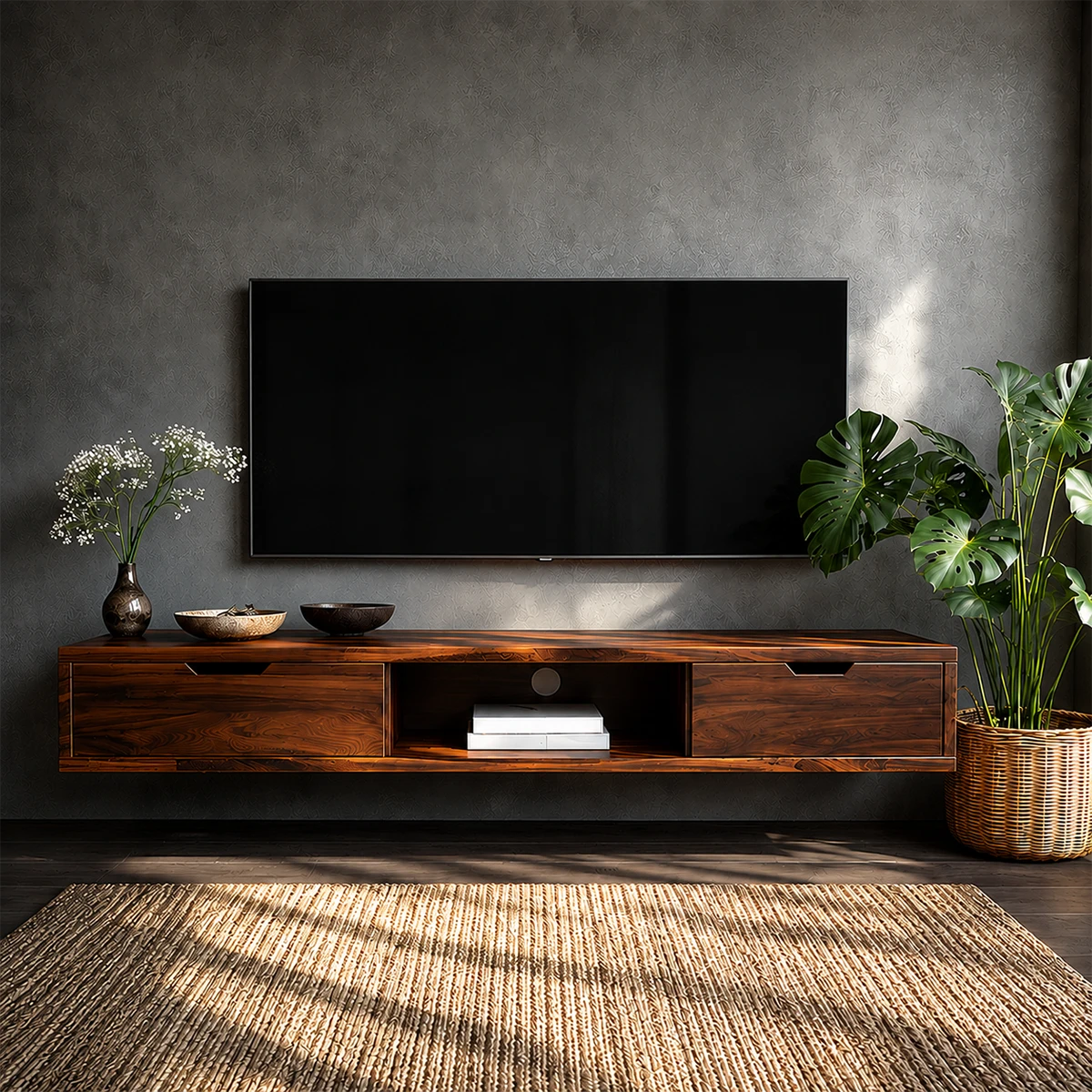Floating Solid Wood TV Stand with Minimalist Storage and Open Shelf Design - ArborisWood - 15
