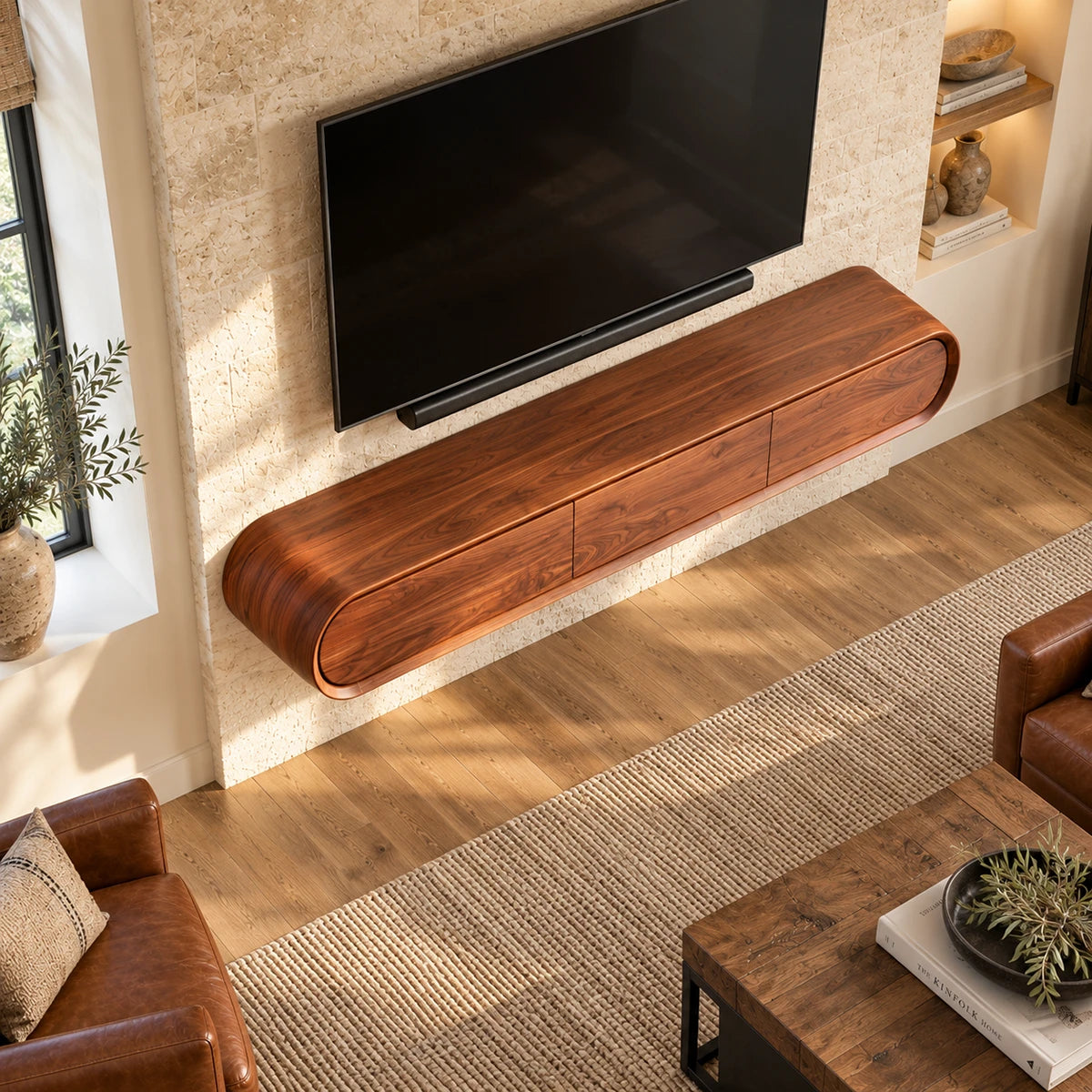 Low television stand in natural solid wood with curved silhouette and three doors