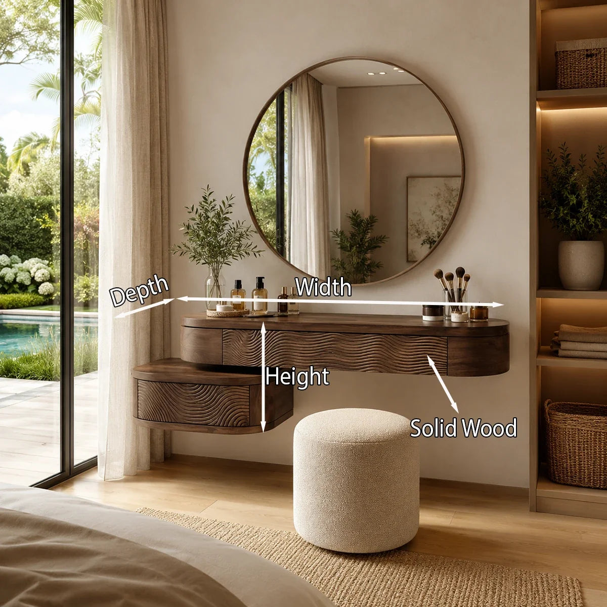 Beauty desk with sculpted drawer texture and dark wood tone in an airy dressing area