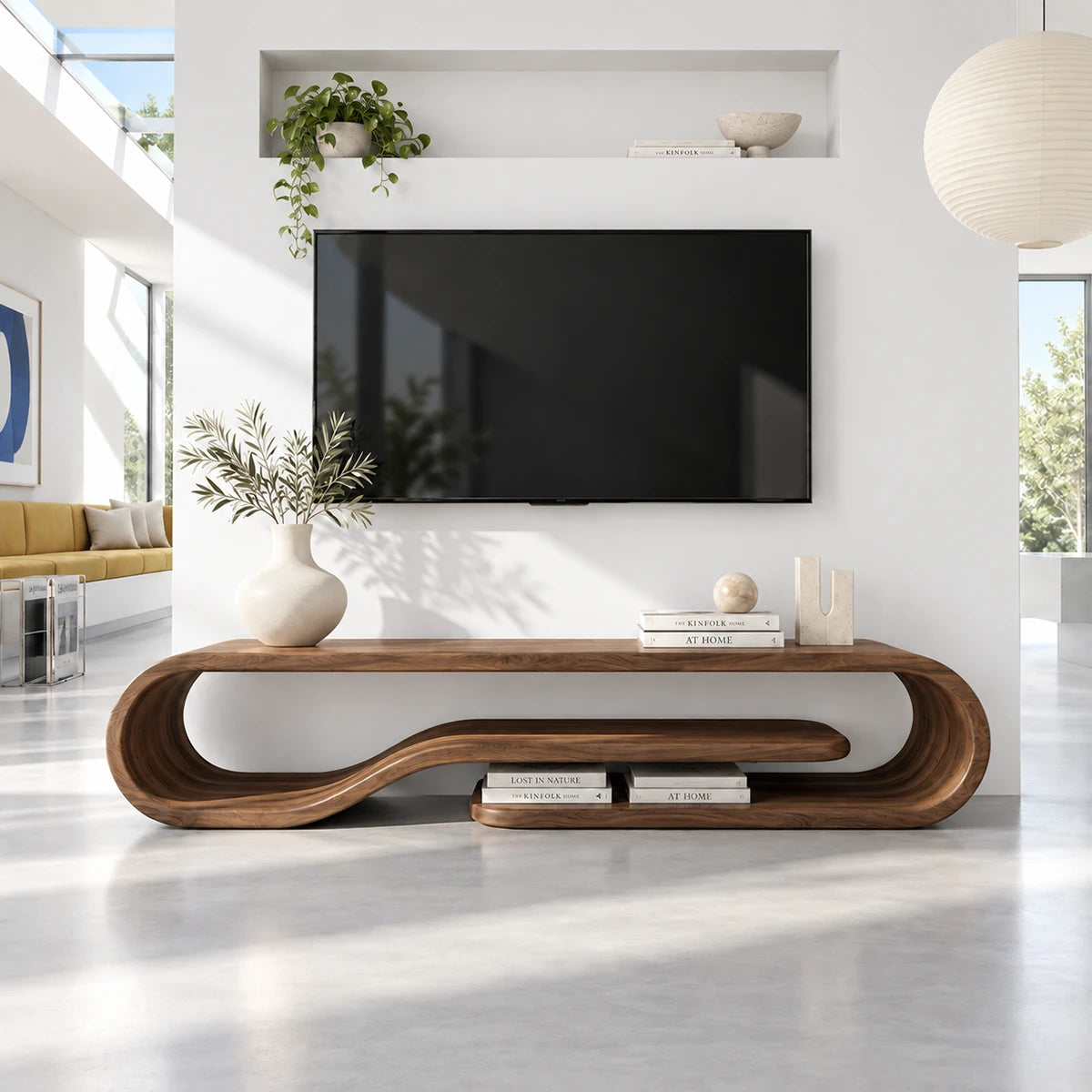 Rounded edge media cabinet in solid wood with a looped frame and open storage space
