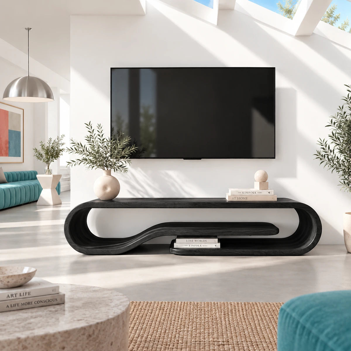 Minimalist entertainment stand in solid wood with flowing ends and shelf display