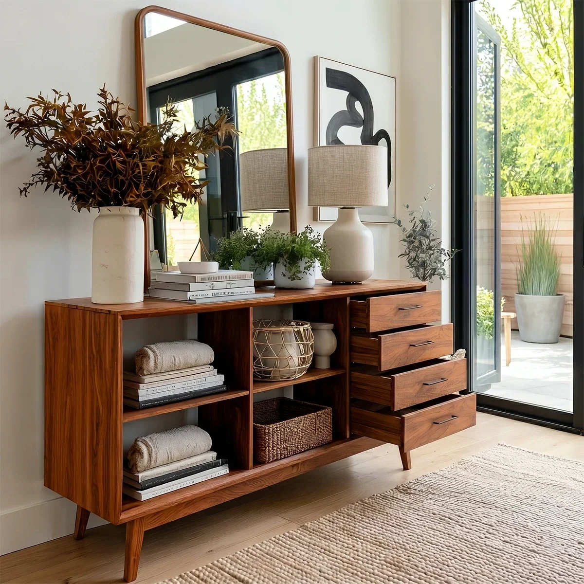 Four Drawer Console Table With Open Storage and Solid Wood Craft - ArborisWood - 4