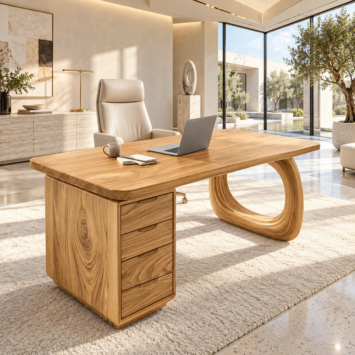 With a sculptural open leg, this desk adds visual interest to a bright workspace