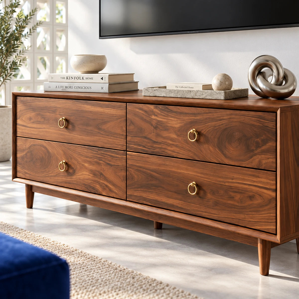 Modern TV console in solid wood with clean lines, four drawers, and ring handles