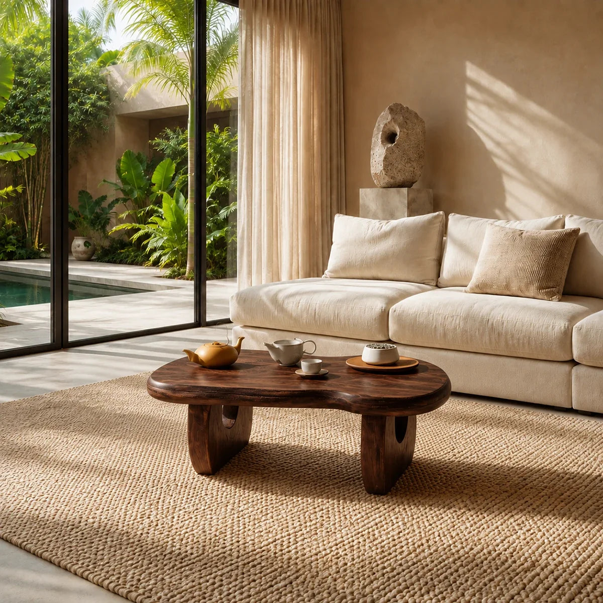 Minimalist coffee table with low profile and freeform shape for elegant living spaces