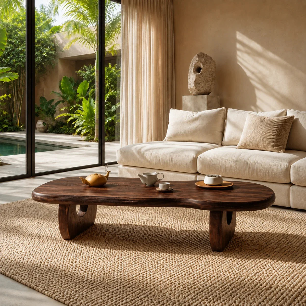 Living room coffee table with broad organic top and sturdy base in a sunlit home