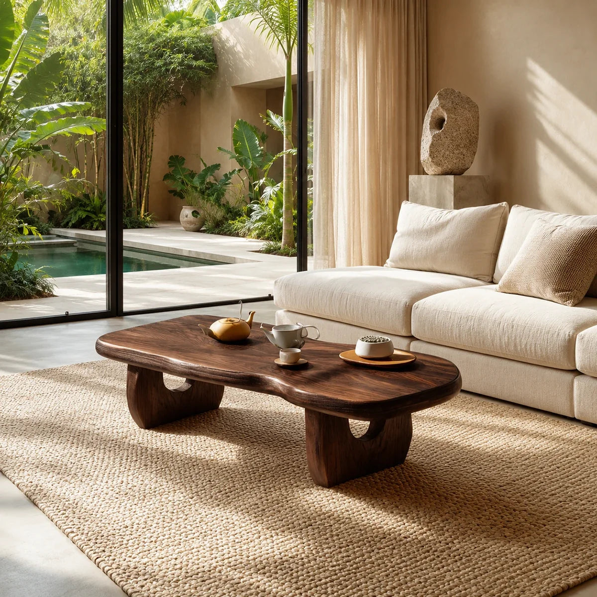 Sculptural coffee table with organic top and carved supports in a bright tropical room