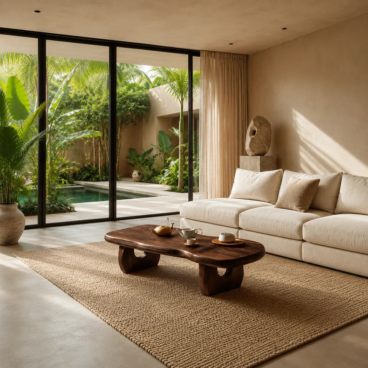 Organic modern coffee table styled on a woven rug beside soft neutral lounge seating