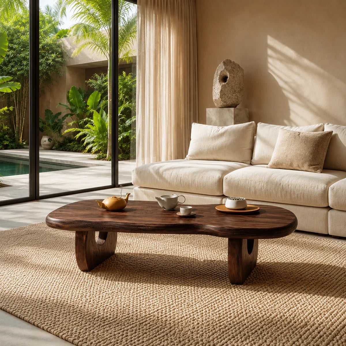Low profile coffee table with rounded edges and sculpted legs for relaxed interiors