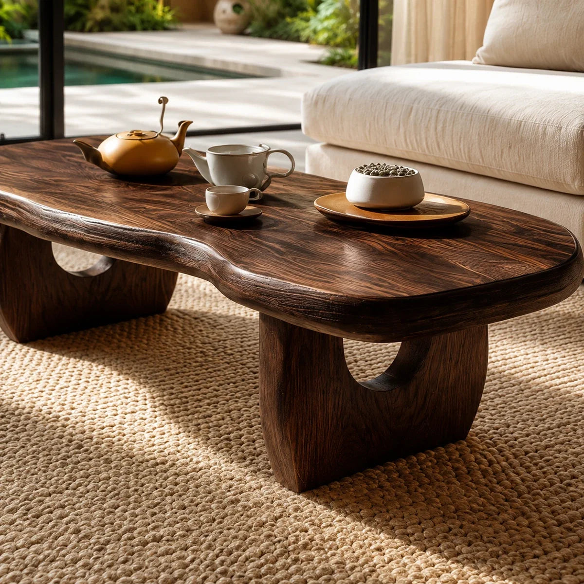 Designer coffee table featuring a freeform top and visible grain in a sunlit home