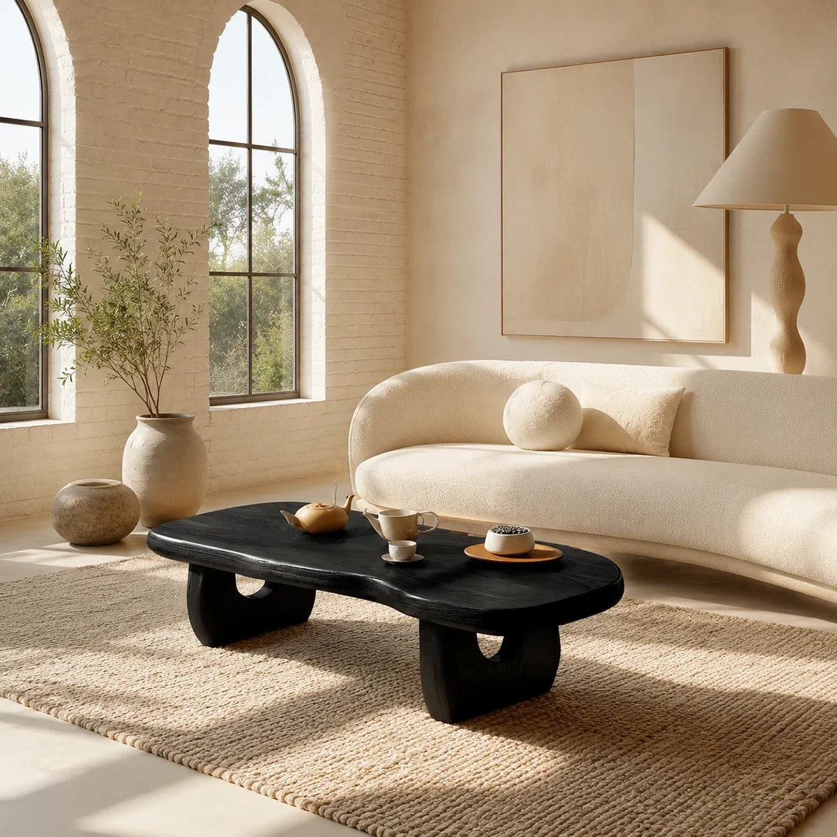 Luxury coffee table with rounded edges and bold supports near floor to ceiling windows