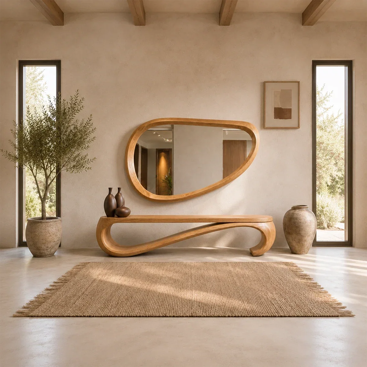 Entryway bench with continuous curved form and solid wood build for calm modern interiors