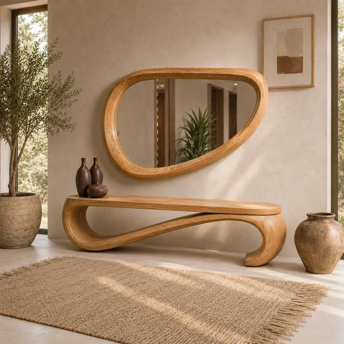 Modern wood bench with sweeping loop base and smooth edges for minimalist home interiors