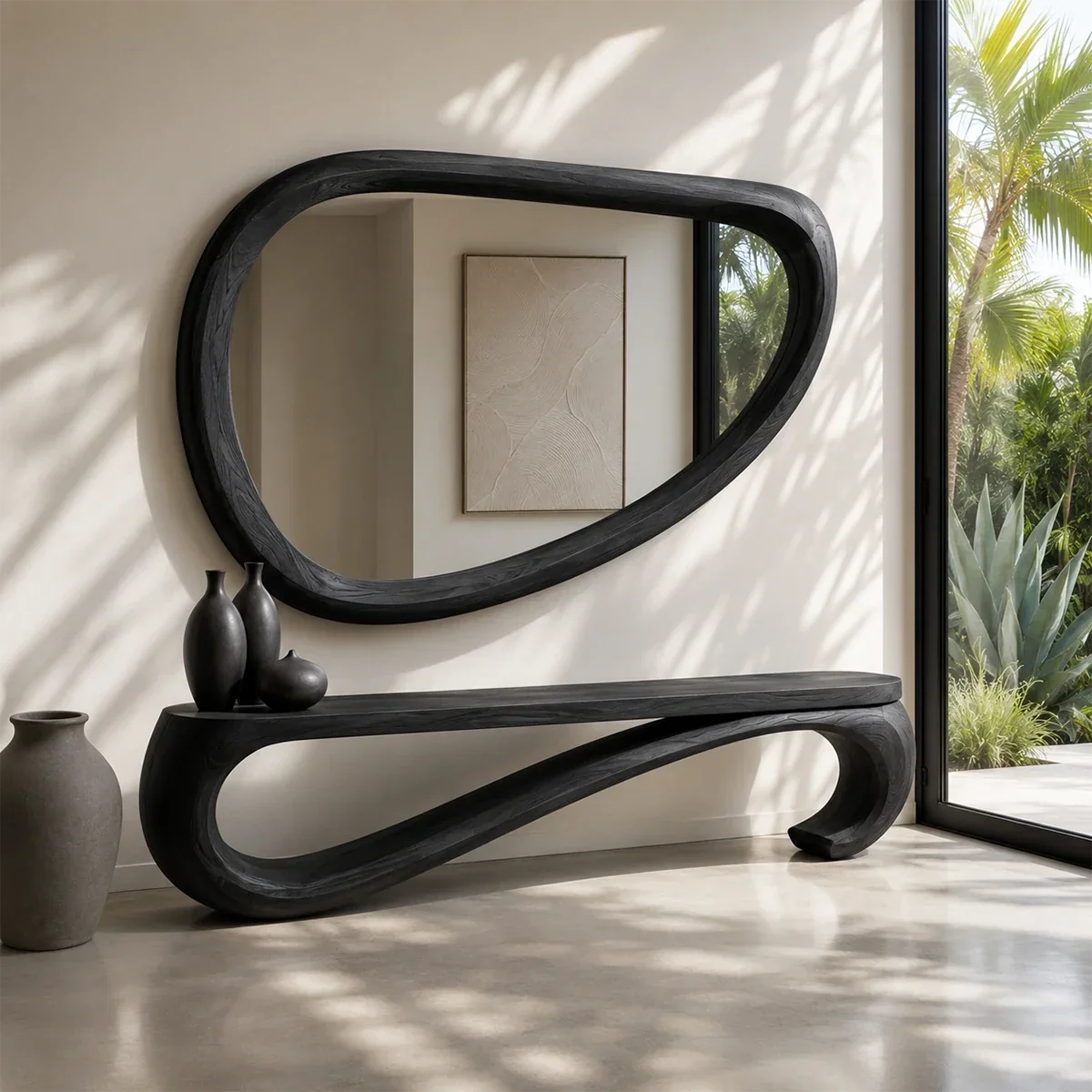 Contemporary bench with sculptural loop profile and smooth wood finish for modern homes