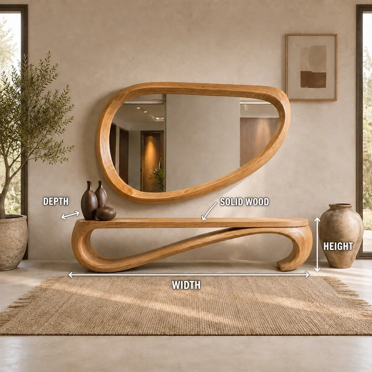Handcrafted bench with continuous curved frame and open center for sophisticated interiors
