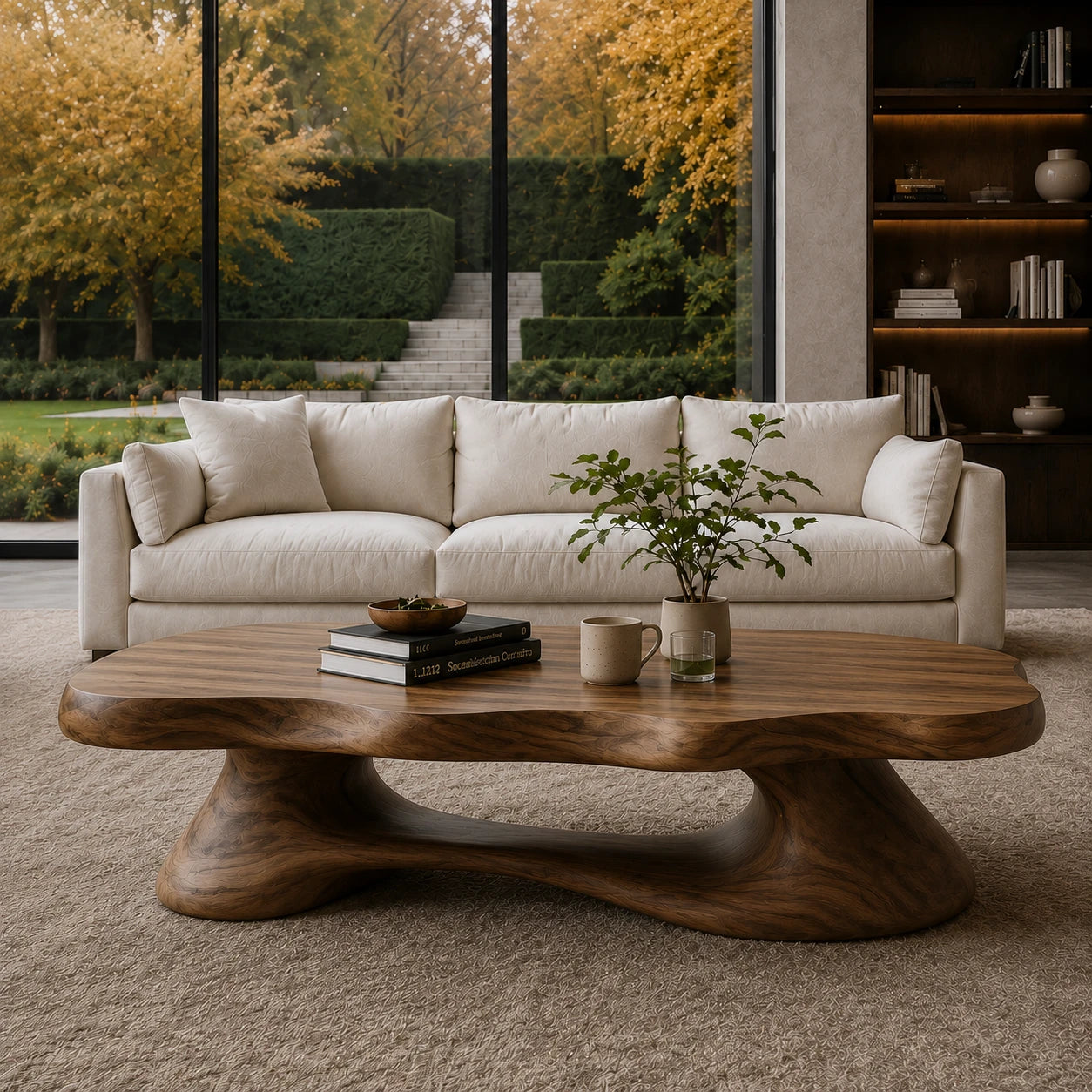 Sculptural coffee table with broad organic top and handcrafted base for upscale spaces