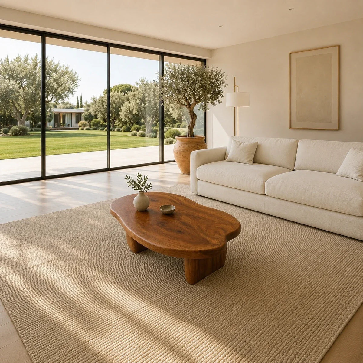 Handcrafted solid wood coffee table with soft curves and substantial low-profile supports