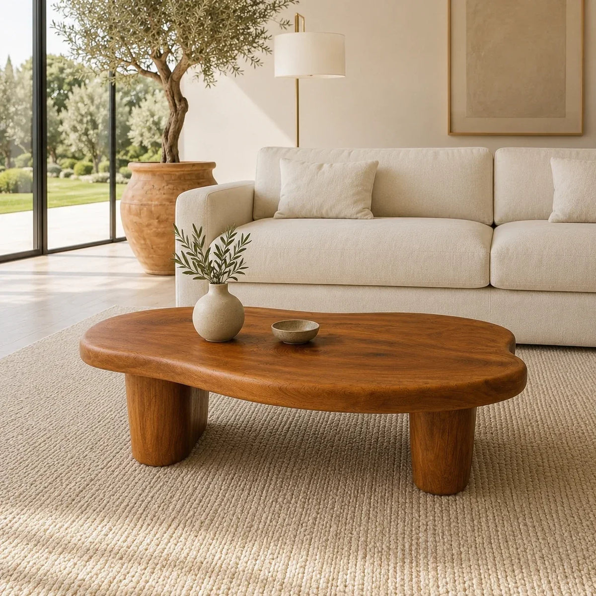 Modern coffee table featuring a sculpted top and chunky solid wood base for calm interiors