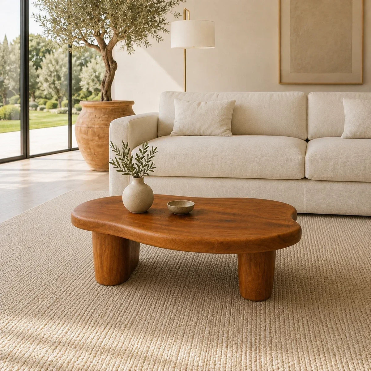 Premium coffee table with soft asymmetrical curves and substantial solid wood construction