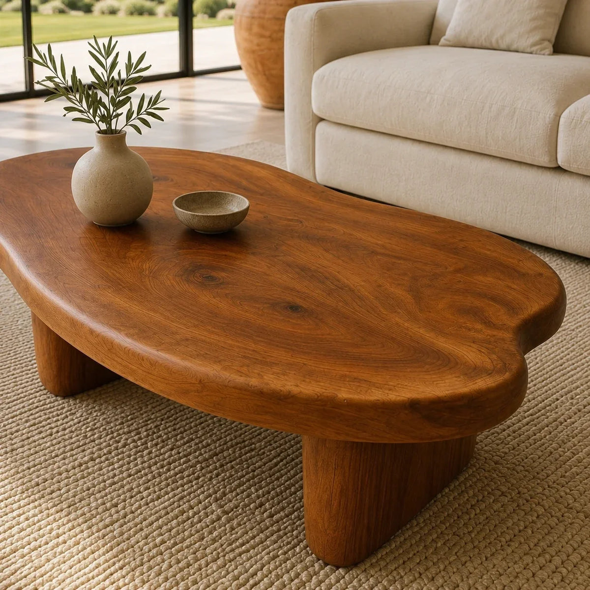 Low profile coffee table with flowing edges and broad legs for relaxed contemporary spaces