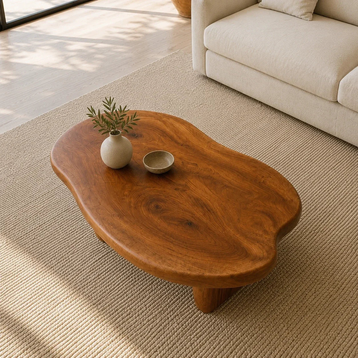 Designer coffee table with an irregular top and handcrafted solid wood pedestal-style legs
