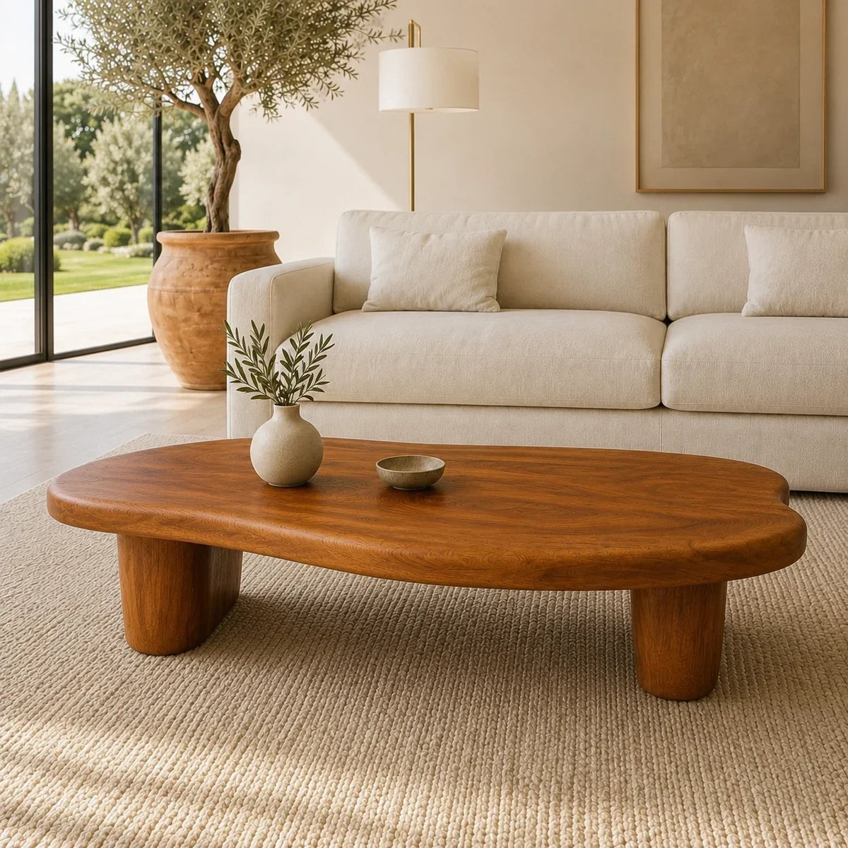 Freeform coffee table with sculpted edges and solid wood block legs for refined interiors