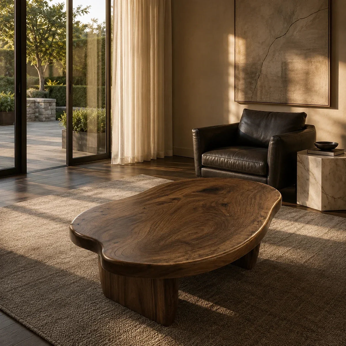 Living room coffee table with smooth organic contours and a sturdy sculptural wood base