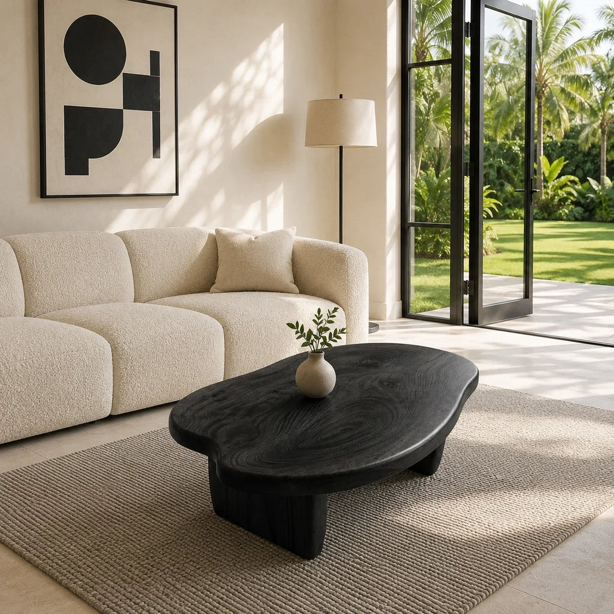 Contemporary coffee table with rounded edges and low solid wood legs in a sunlit interior